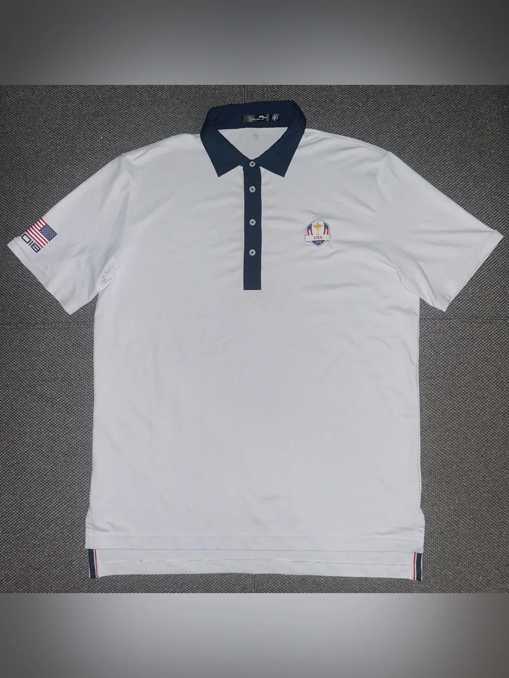 Rare Polo Ralph Lauren RLX White Polo with Navy Collar and 2018 USA Patch